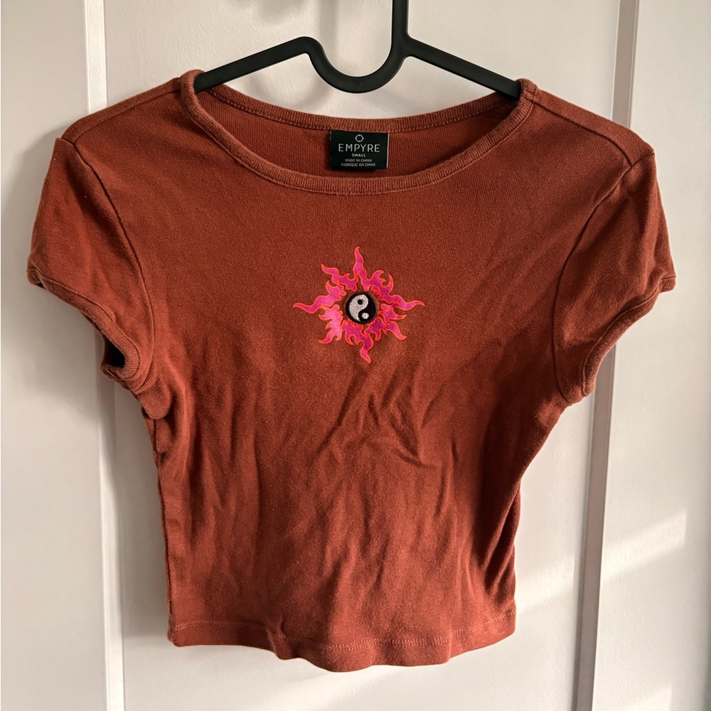 Brown Crop Top with yin yang embroidery